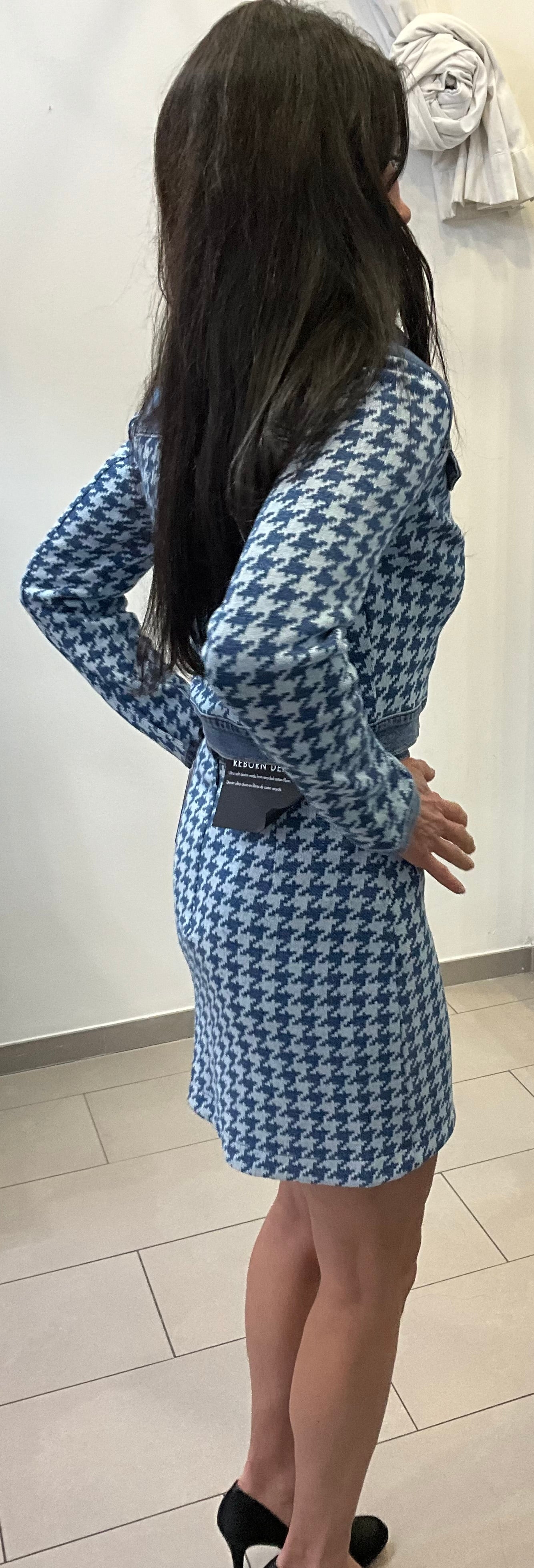 Jeansjacke Tweed Crop mit Hahnentrittmuster