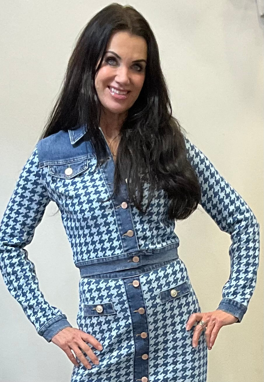 Jeansjacke Tweed Crop mit Hahnentrittmuster