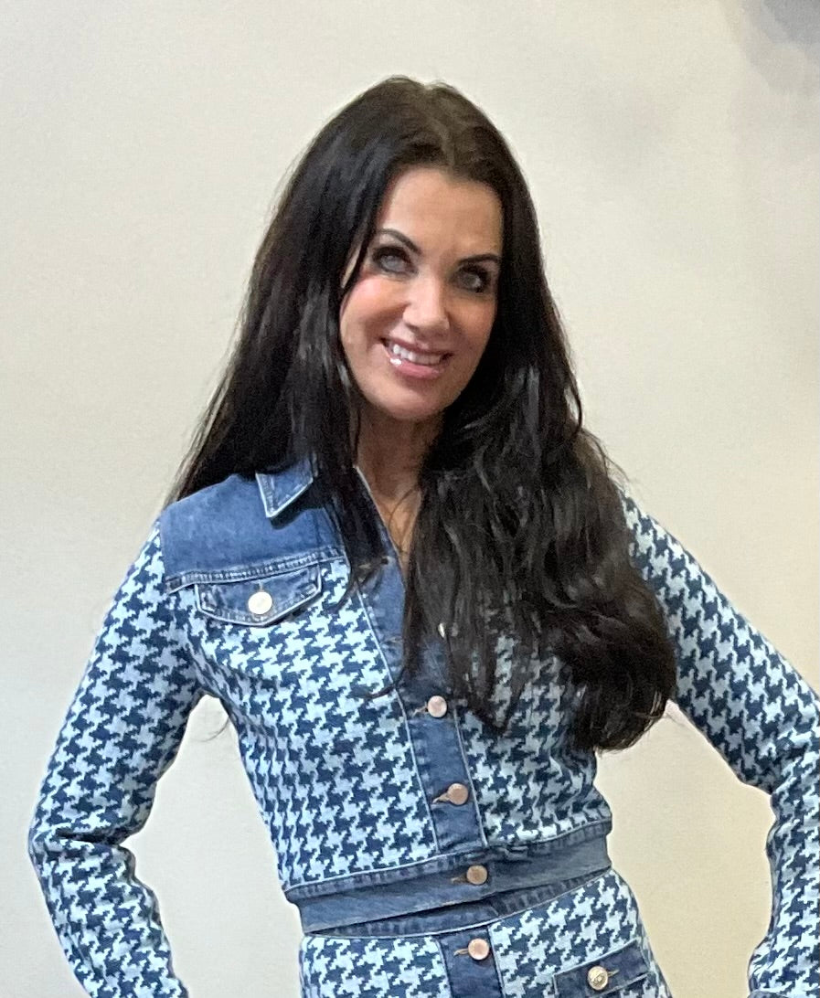Jeansjacke Tweed Crop mit Hahnentrittmuster