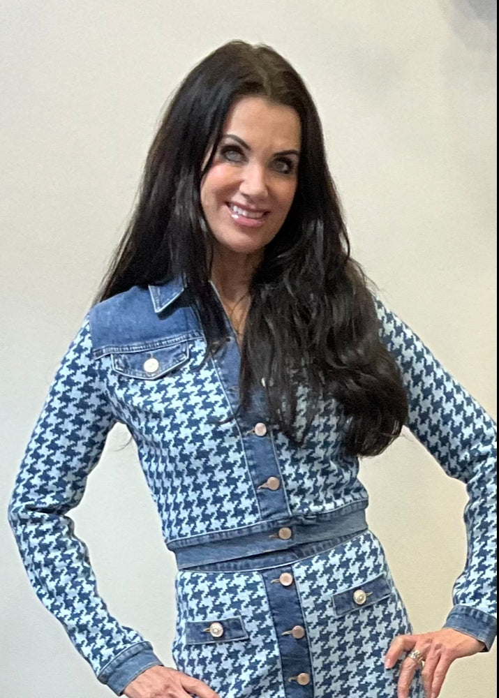 Jeansjacke Tweed Crop mit Hahnentrittmuster