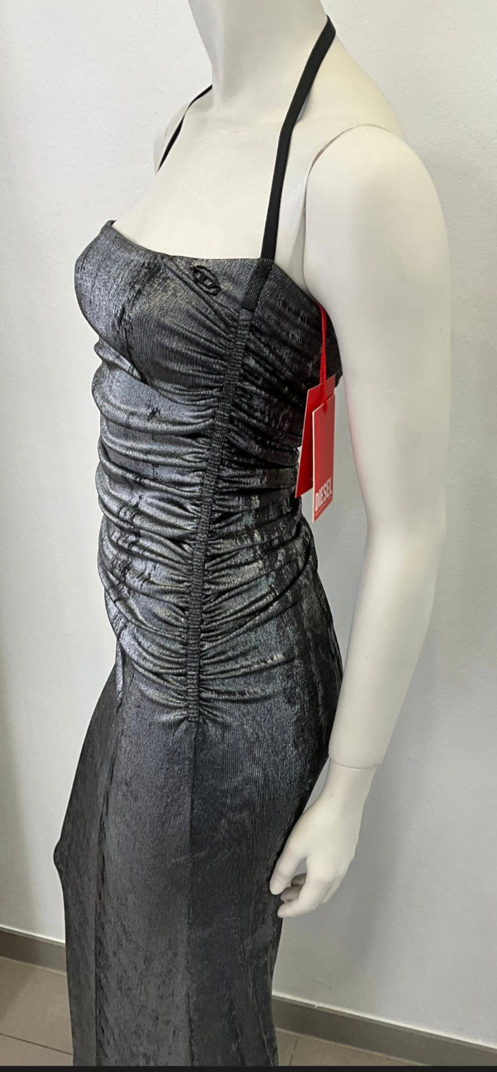 Abendkleid Diesel metallic, Kleid lang, gerafftes Metallic - Neckholder Kleid